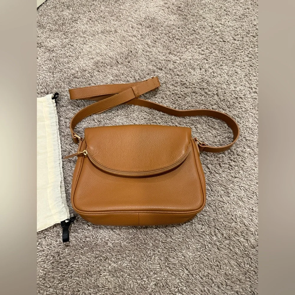 New Quince Italian Leather Foldover Crossbody in Cognac - Picture 11 of 15